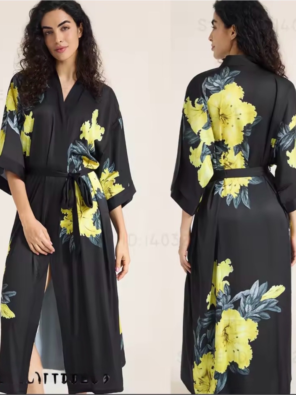 Black  Floral Kimono Robe with Yellow Bloom